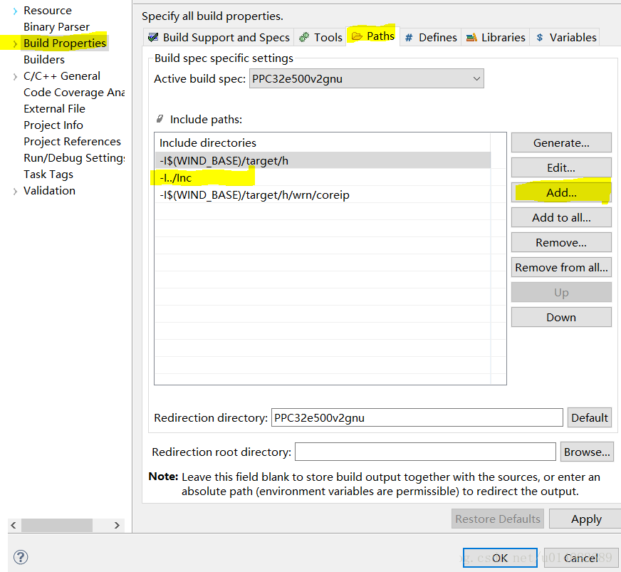 VxWorks 6.9 Build Properties for path