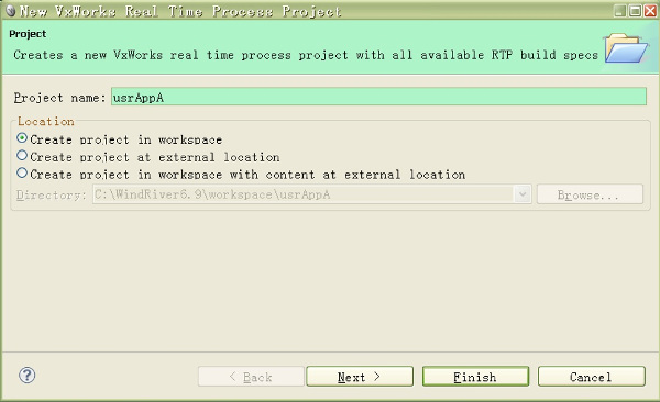 VxWorks RTP Create New Project
